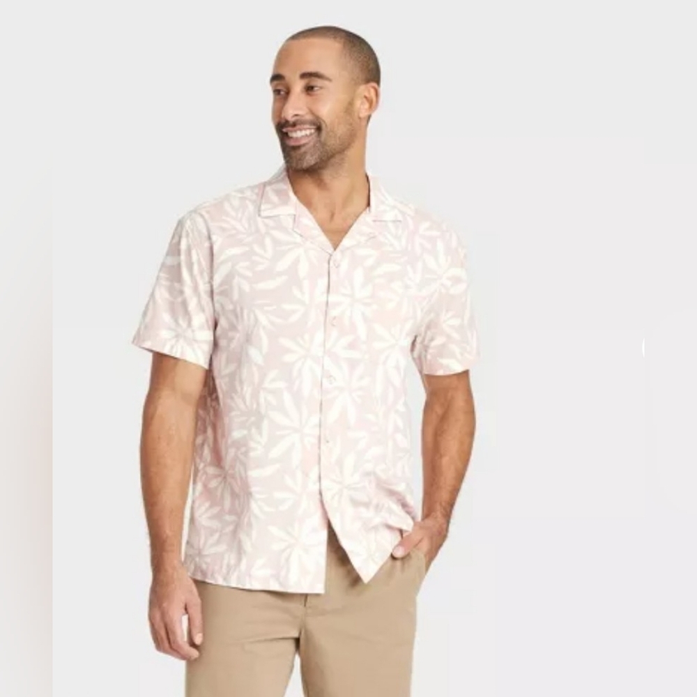 Goodfellow & Co Men's Pink Beige & White Patterned Short Sleeve Shirt Size Large